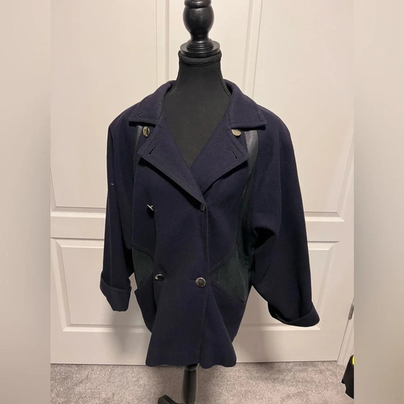 Vintage  | MaxMara | Navy Blue Wool/Leather Coat Made in Italy | Size XL - Picture 3 of 9